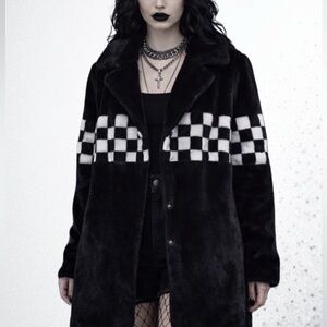 F21 Goth Punk Grunge Checkered Faux Fur Coat Y2K